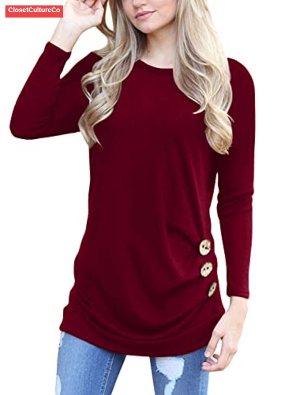 Yincro Women's Long Sleeve Tunic Top Crewneck Button Decor Casual Fall Tee